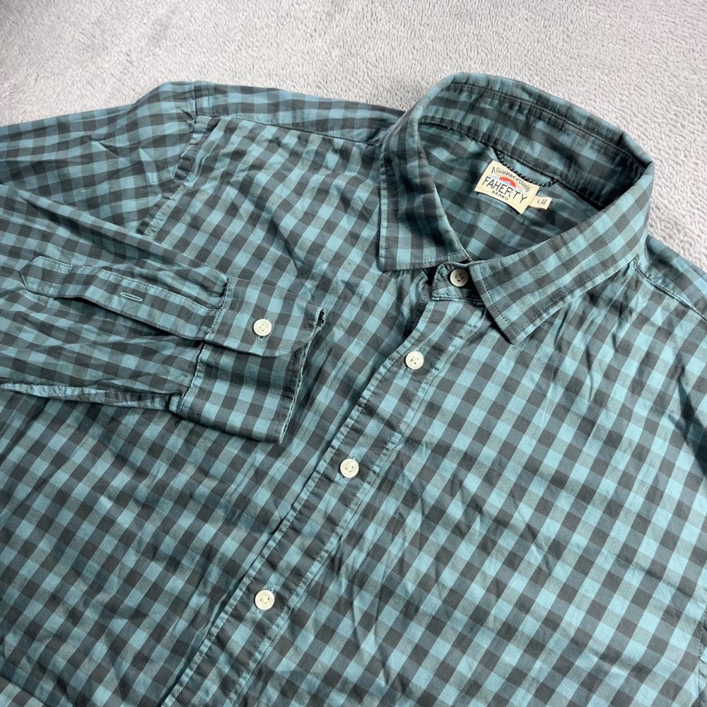 Faherty Brand Mens Gingham Button Down Shirt Teal Grey MWU2341 Size L